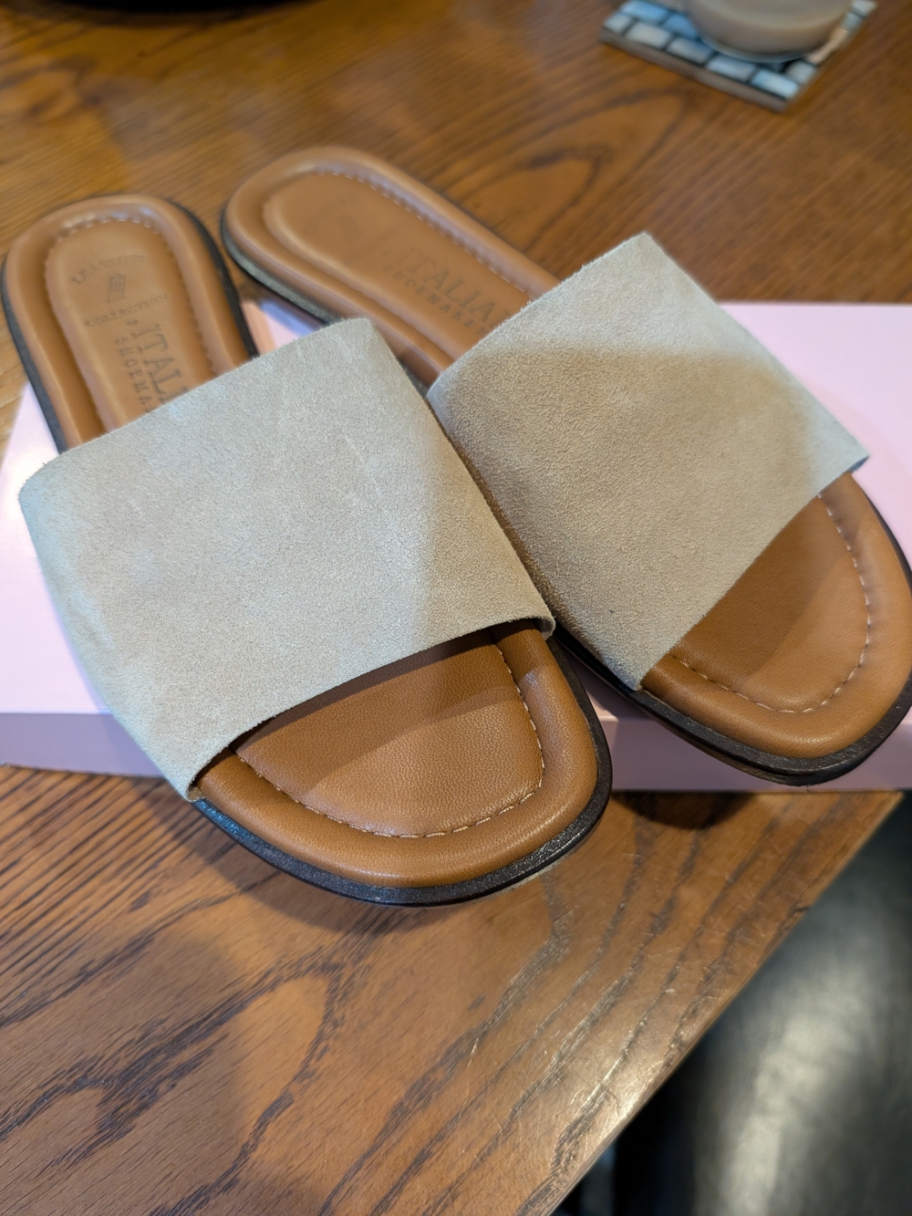 Italian Shoemakers Suede Slide Sandals with Tan Footbed